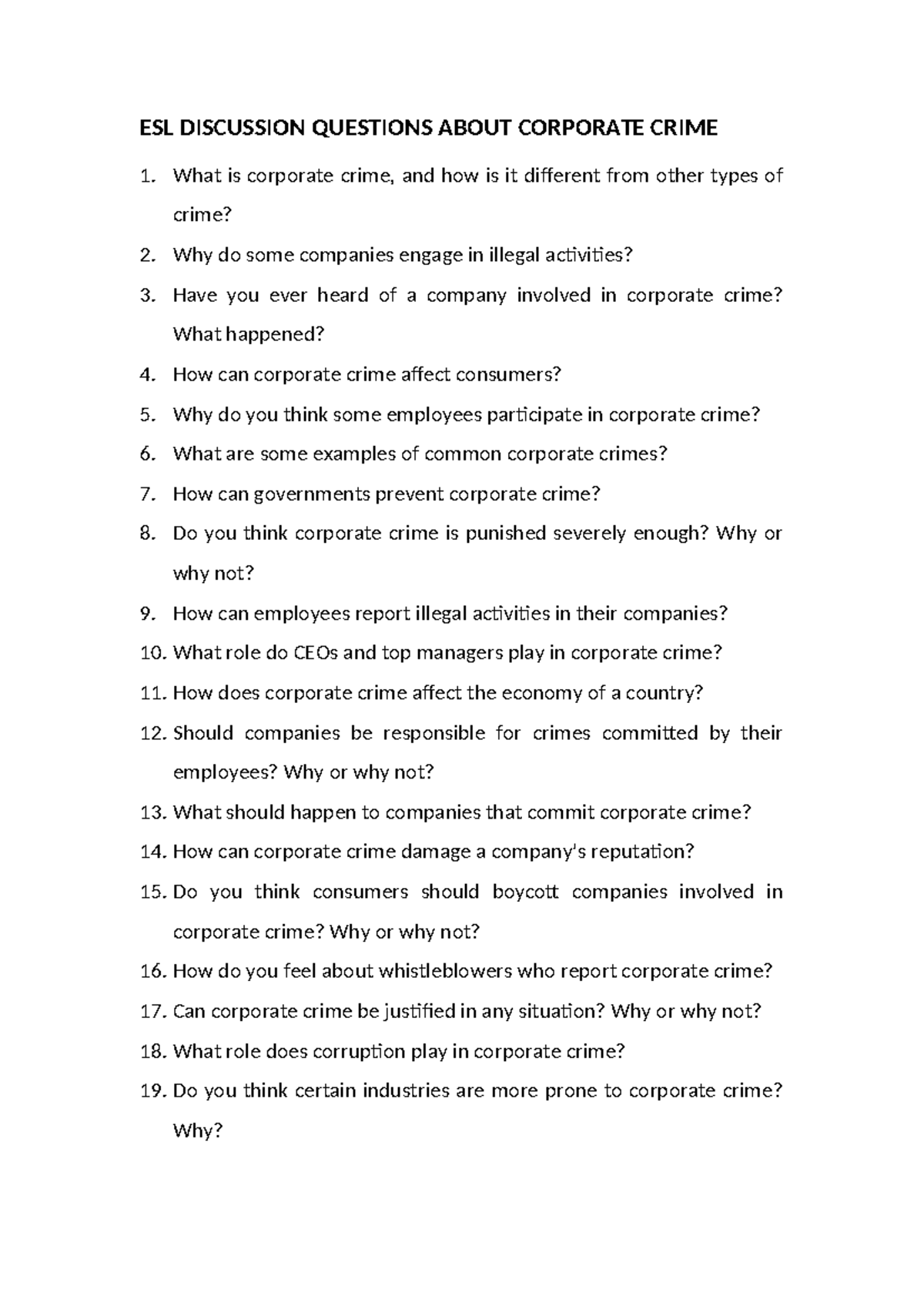 ESL Discussion Questions About Corporate Crime - ESL DISCUSSION ...