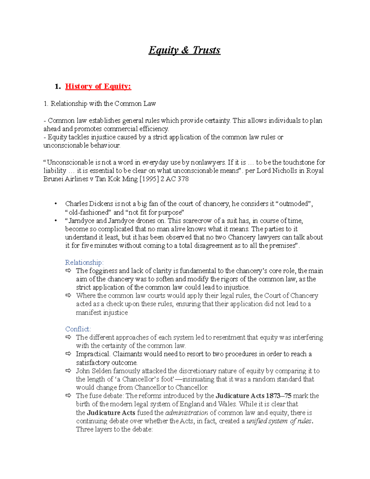 Equity Revision Notes - Equity & Trusts 1. History Of Equity ...