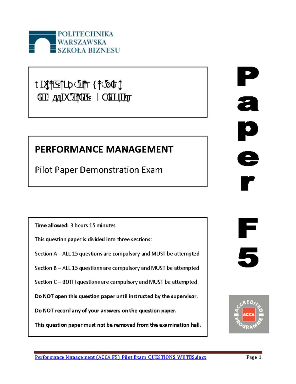 Performance Management Acca F5 Pilot Exam Questions Wutbs - WŽƐƚ ...