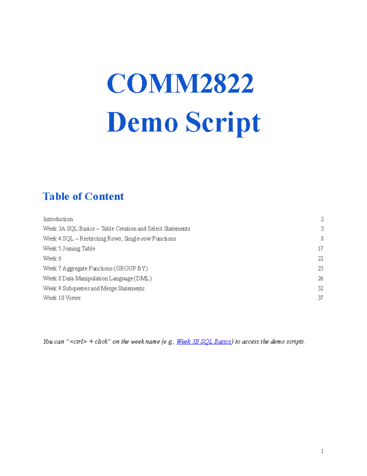 COMM2822 2022 Demo Scripts - Demo Script COMM Introduction Table of ...