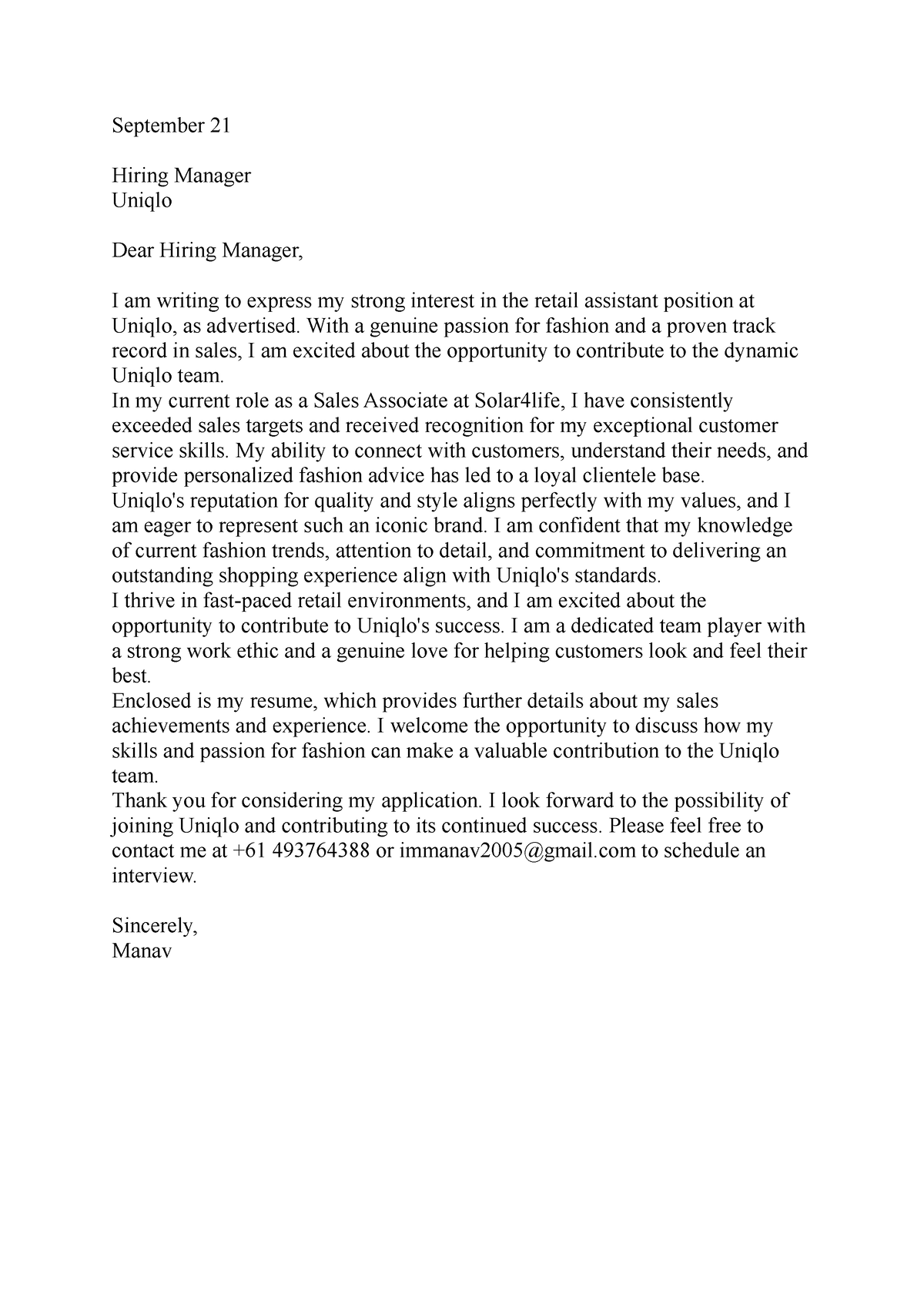 Cover Letter Uniqlo - This is nothing and useless - September 21 Hiring ...