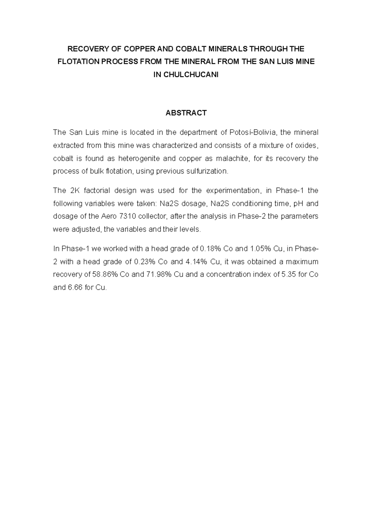 Abstract Luis Antonio Quispe Vega - RECOVERY OF COPPER AND COBALT ...