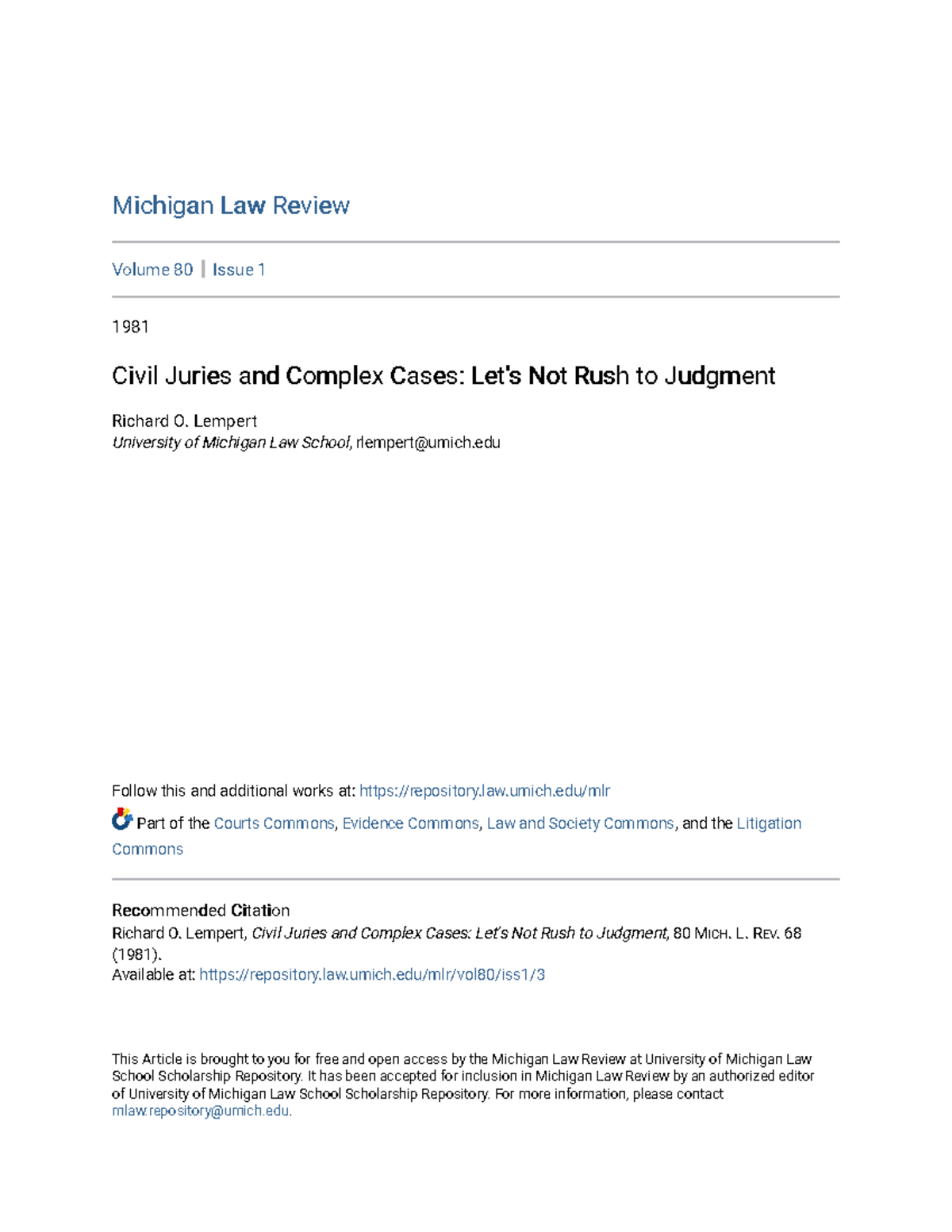 Civil Juries and Complex Cases Lets Not Rush to Judgment Lempert University of Michigan Law