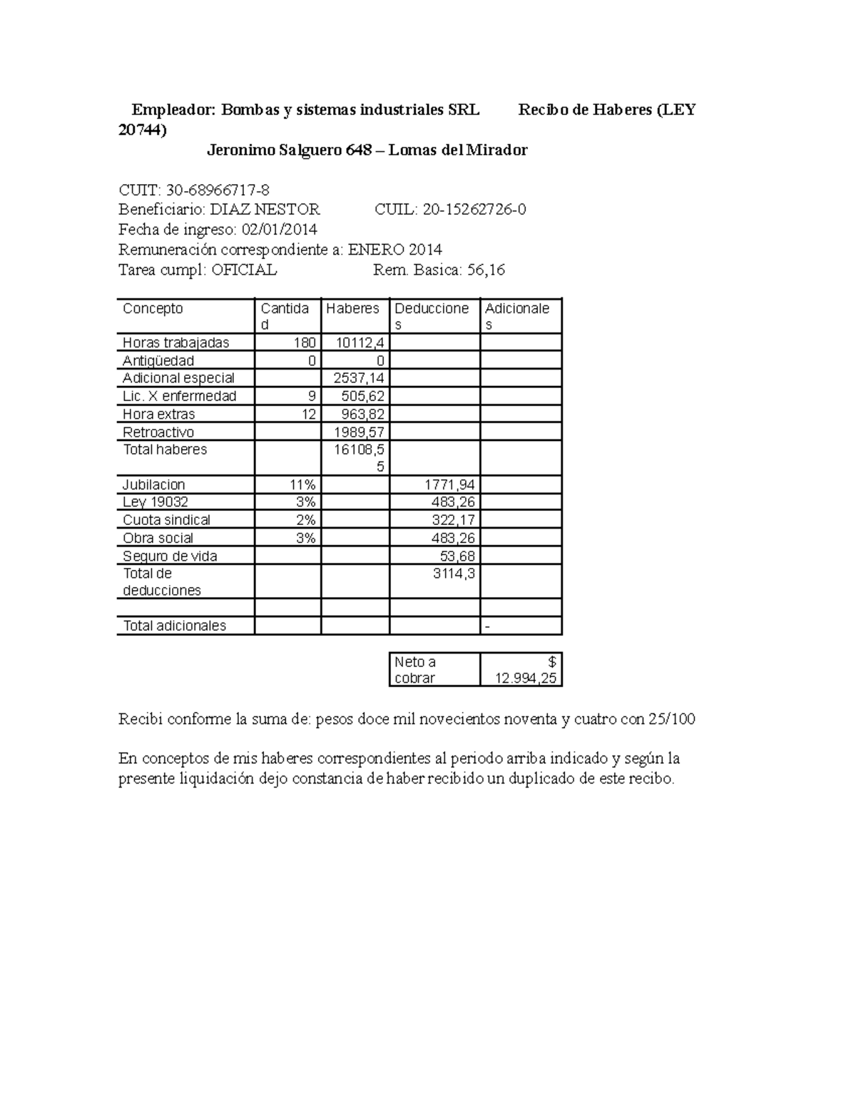 Empleador - Recibo de Haberes (LEY 20744) - Empleador: Bombas y ...
