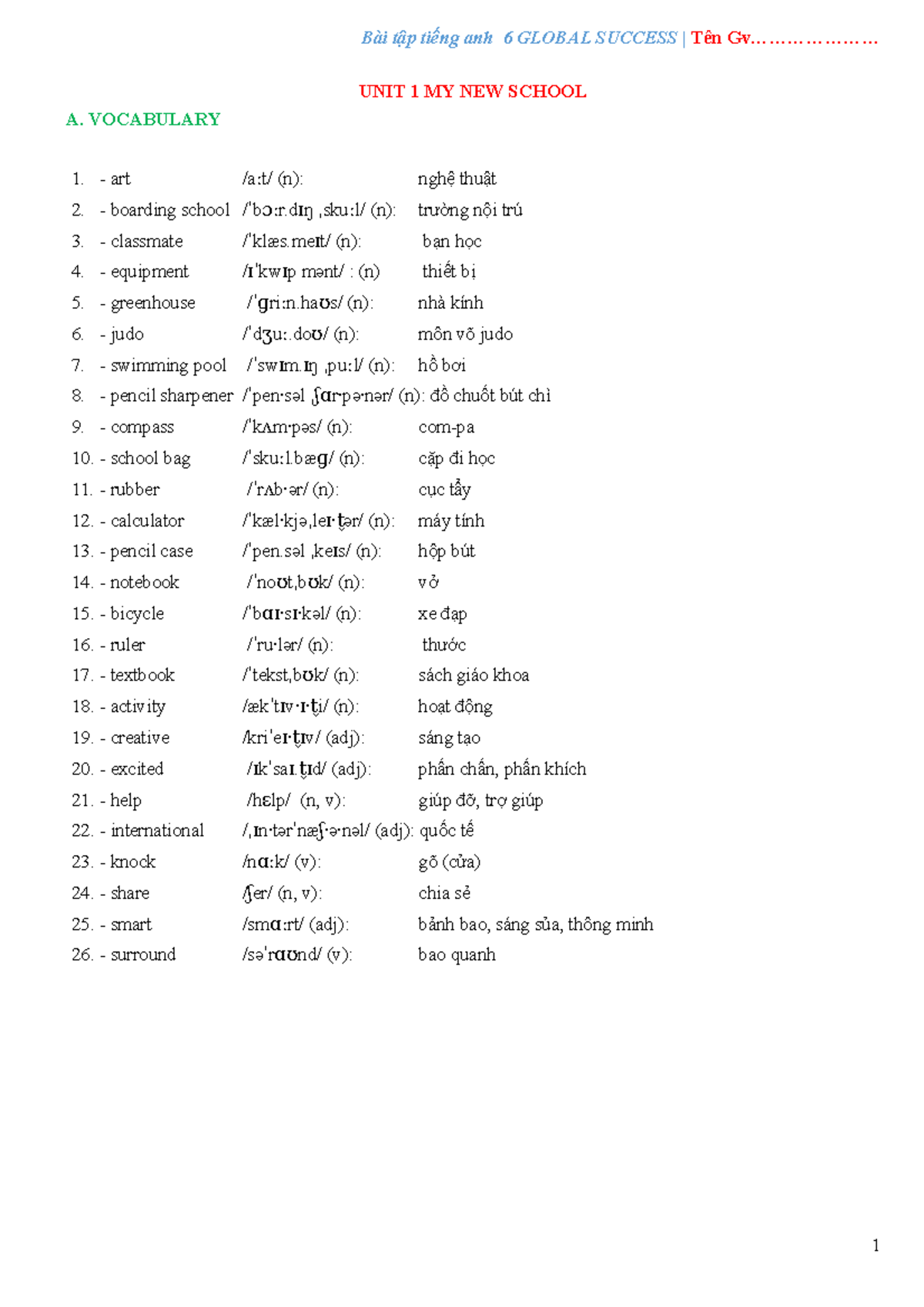 [Lib24.vn] bai-tap-tieng-anh-6-global-success - UNIT 1 MY NEW SCHOOL A ...