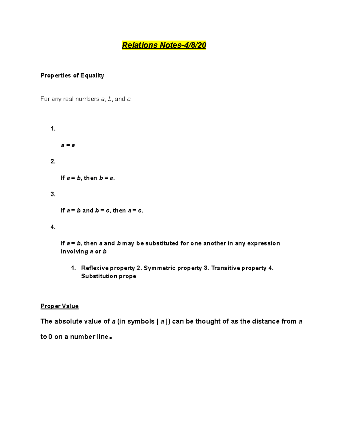 MAT 115 Relations Notes - Relations Notes-4/8/ Properties of Equality ...