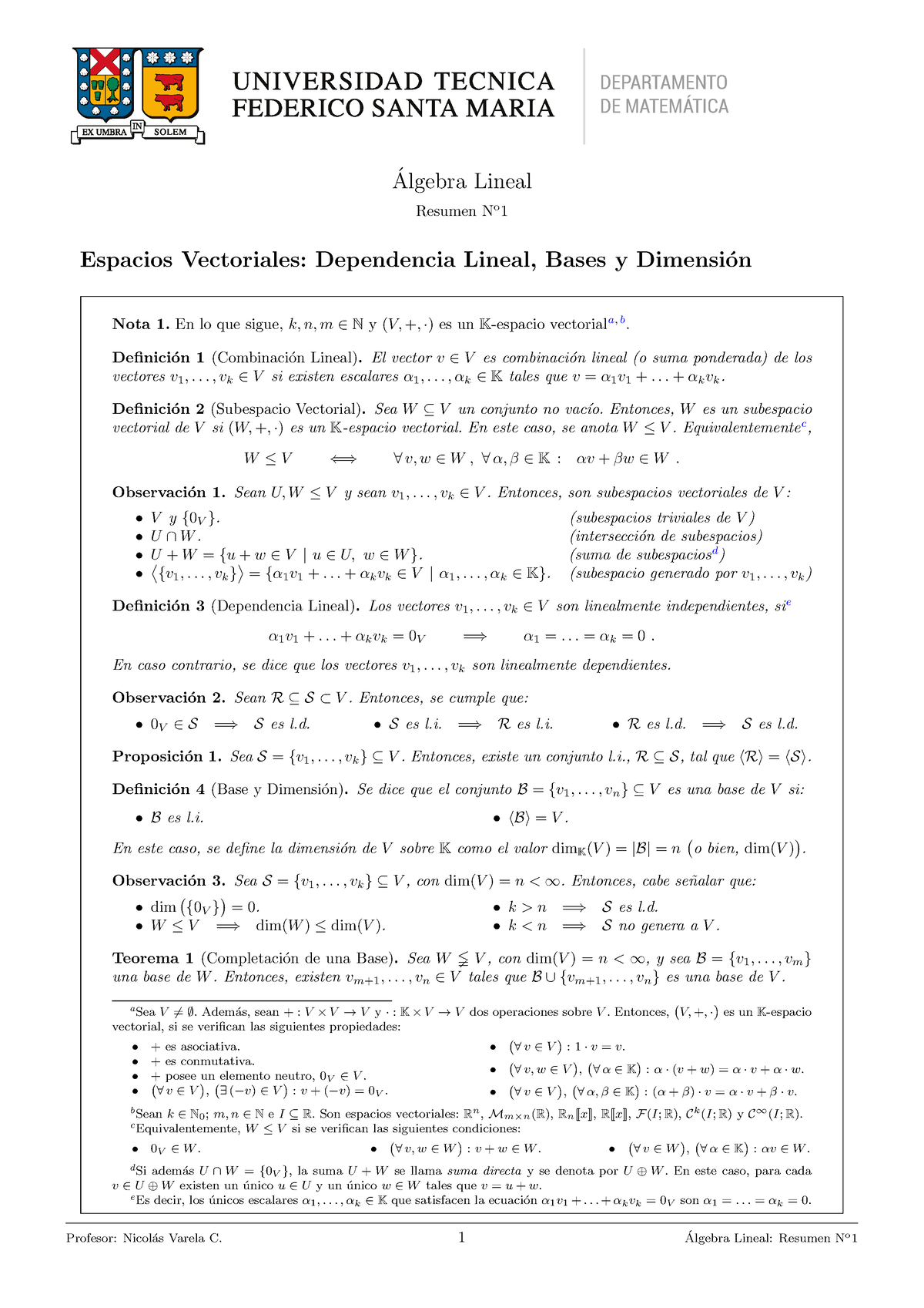 MAT-023 (Álgebra Lineal 1; Espacios Vectoriales) - DEPARTAMENTO DE ...