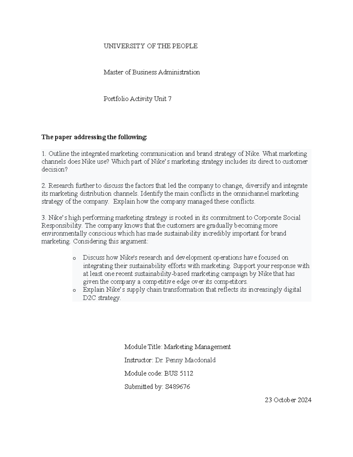 Portfolio Assignment Unit 7 - UNIVERSITY OF THE PEOPLE Master of ...
