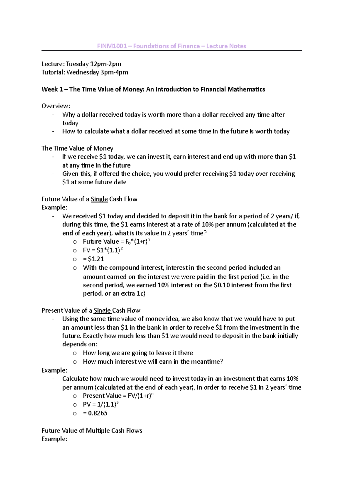 Lecture Notes - FINM1001 - FINM1001 – Foundations Of Finance – Lecture ...