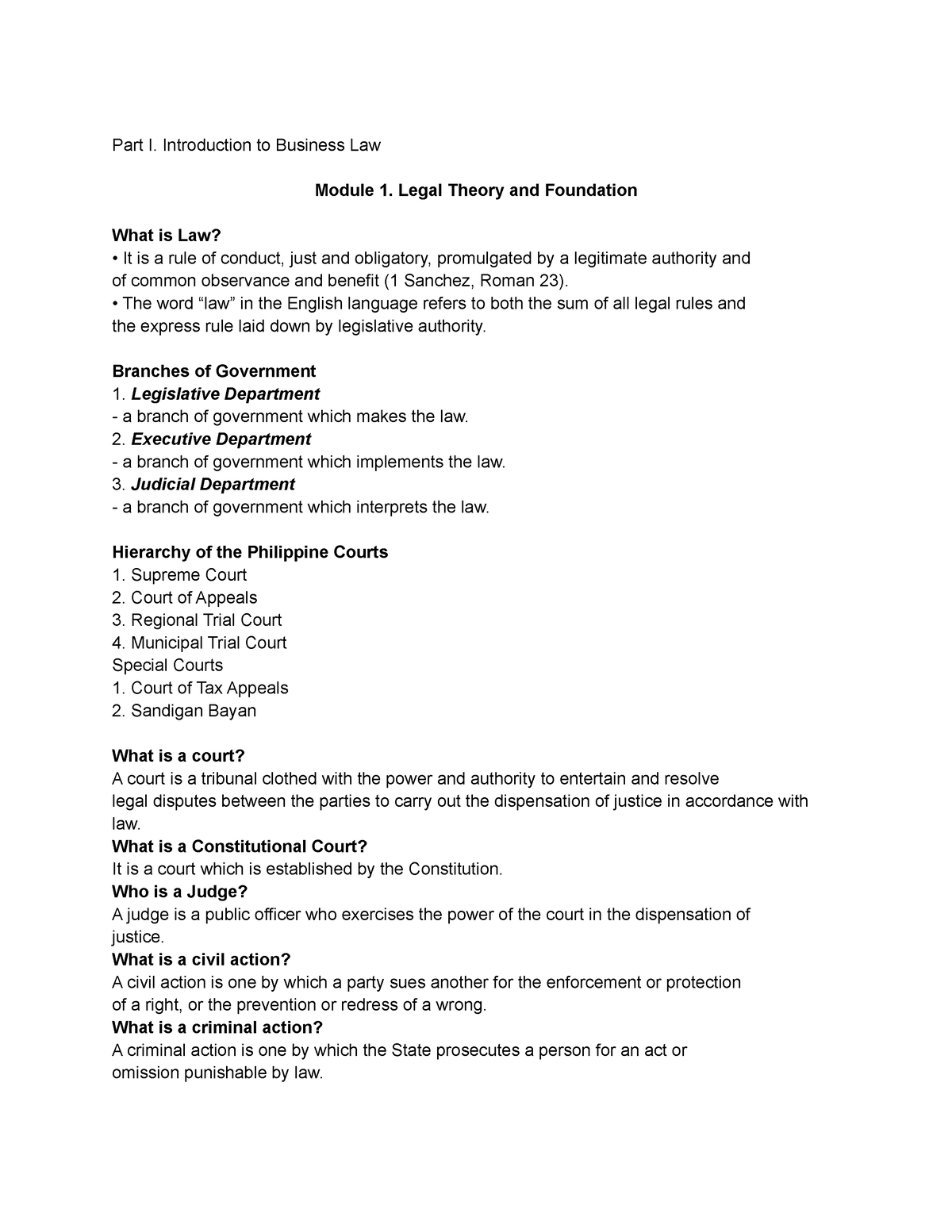 Business Law Taxation - Part I. Introduction To Business Law Module 1 ...