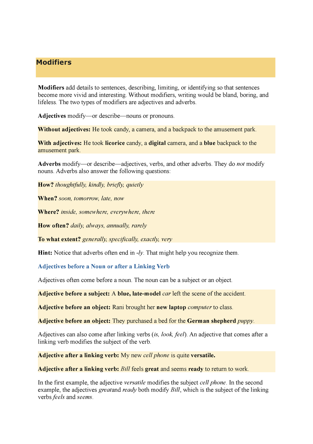 Modifiers Na Modifiers Modifiers Add Details To Sentences Describing Limiting Or 