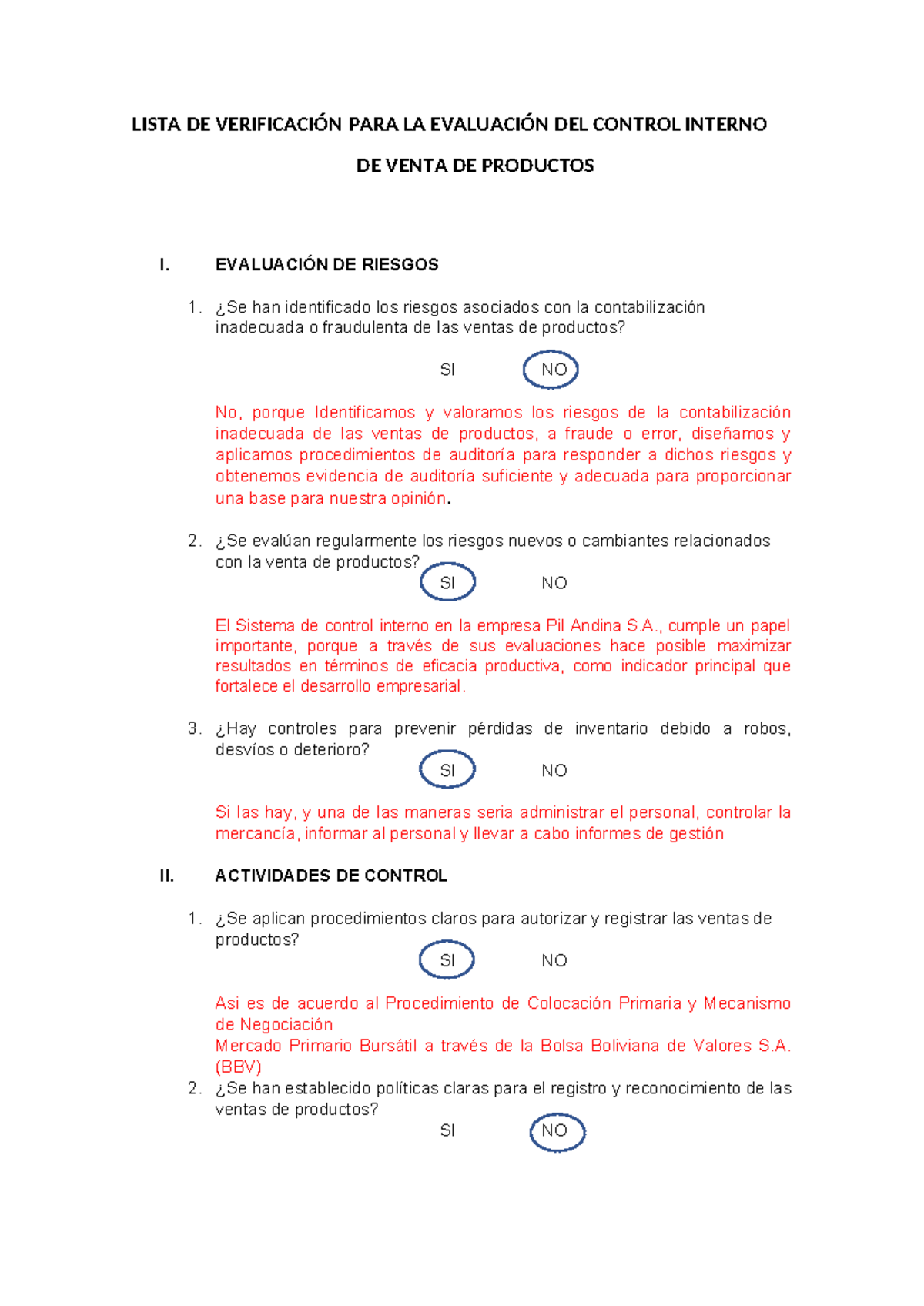 Lista DE Verificación PARA LA Evaluación DEL Control Interno - LISTA DE ...