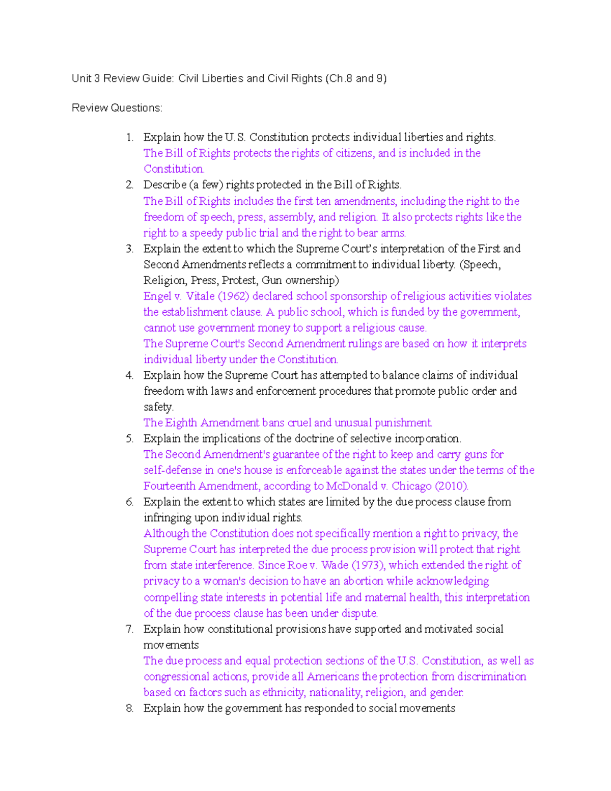 Unit 3 Review Guide Civil Liberties And Civil Rights - Constitution ...