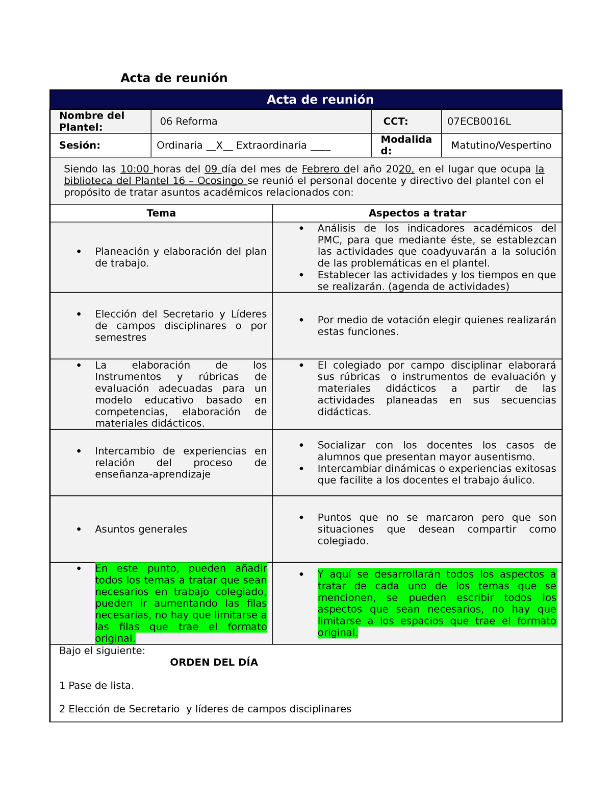 Ejemplo DE Trabajo Colegiado Inicial (planeación) - Acta De Reunión ...