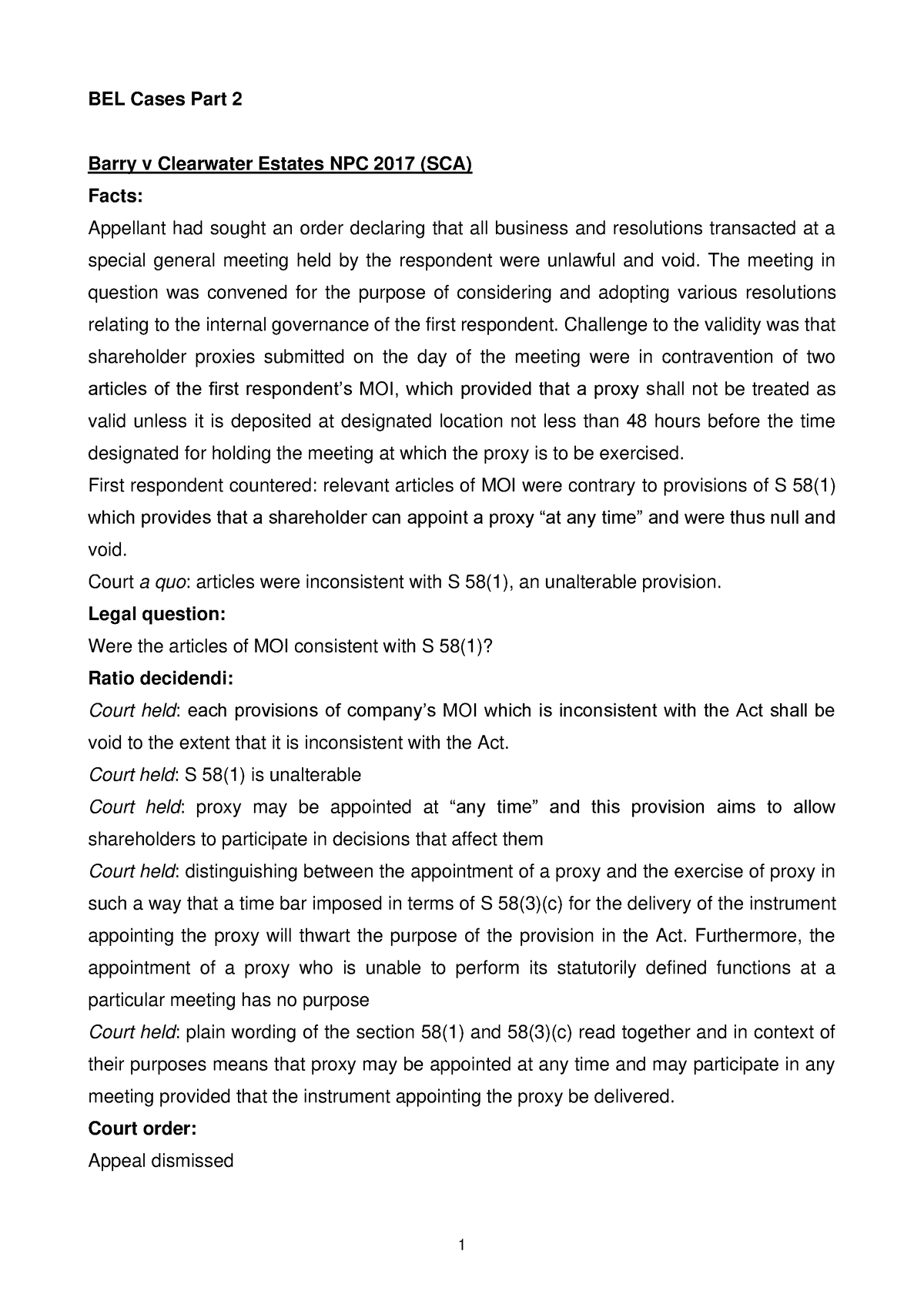 BEL Cases Part 2 - Summary Of Case Law. - 1 BEL Cases Part 2 Barry V ...