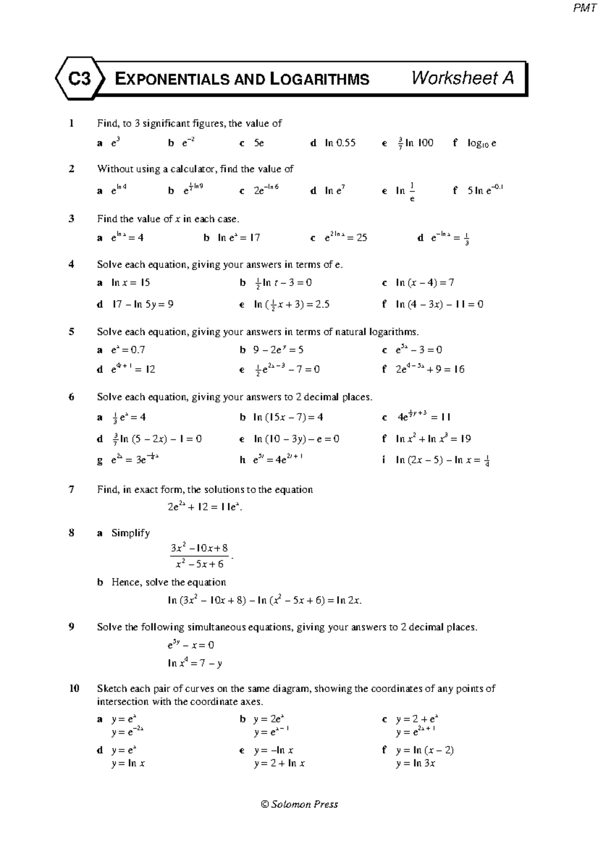 C3 Exponentials and Logarithms A - Questions - Solomon Press C3 ...