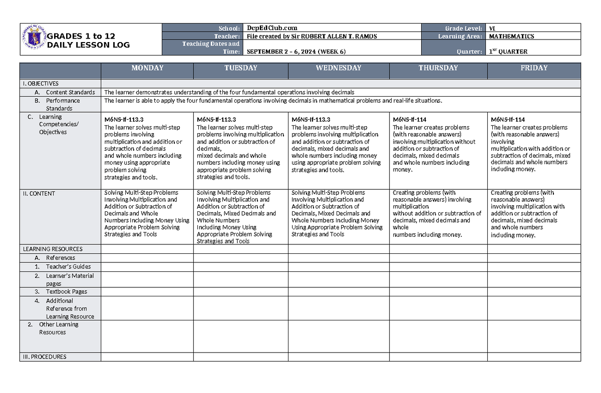 DLL Mathematics 6 Q1 W6 - dll - GRADES 1 to 12 DAILY LESSON LOG School ...