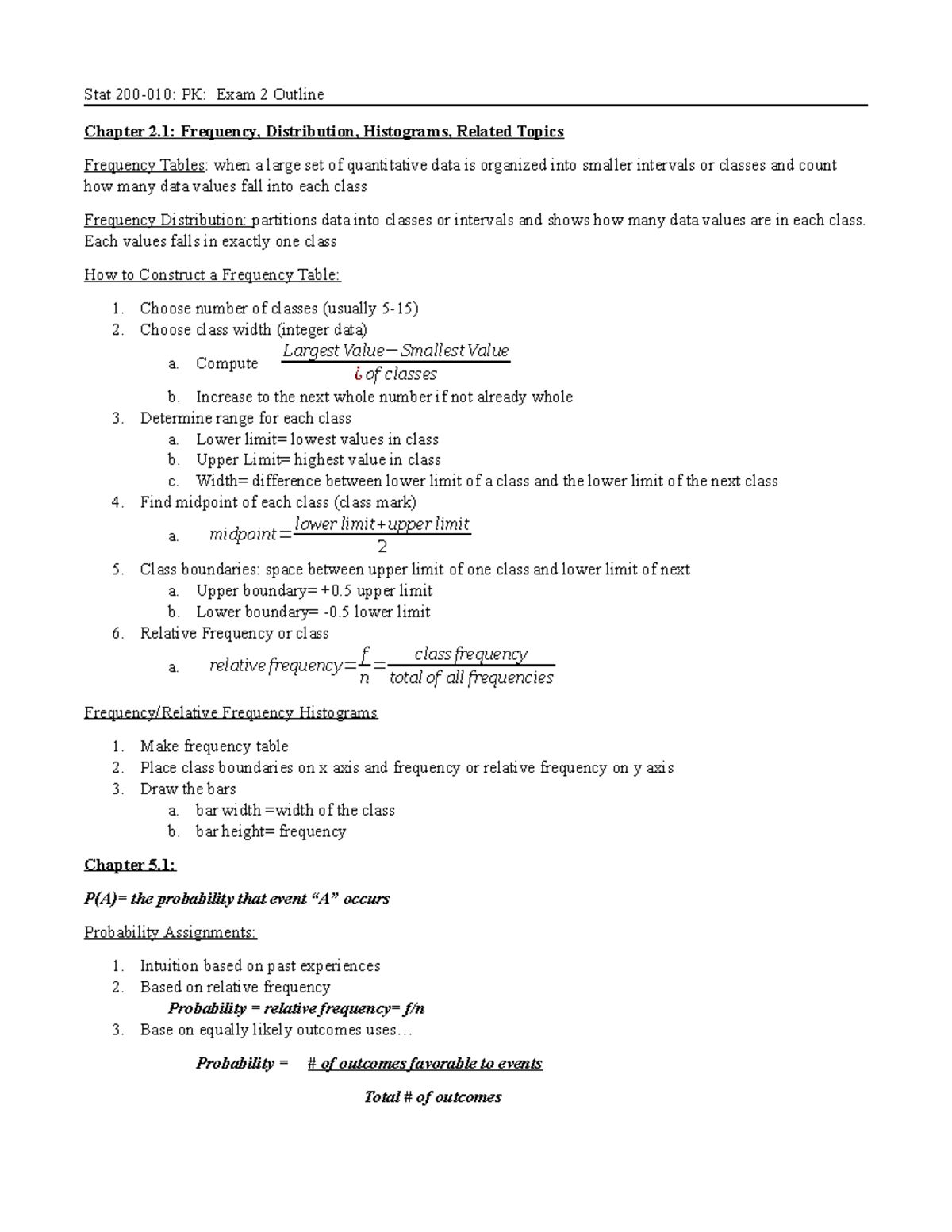 Exam 2 Complete Notes - Stat 200-010: PK: Exam 2 Outline Chapter 2 ...