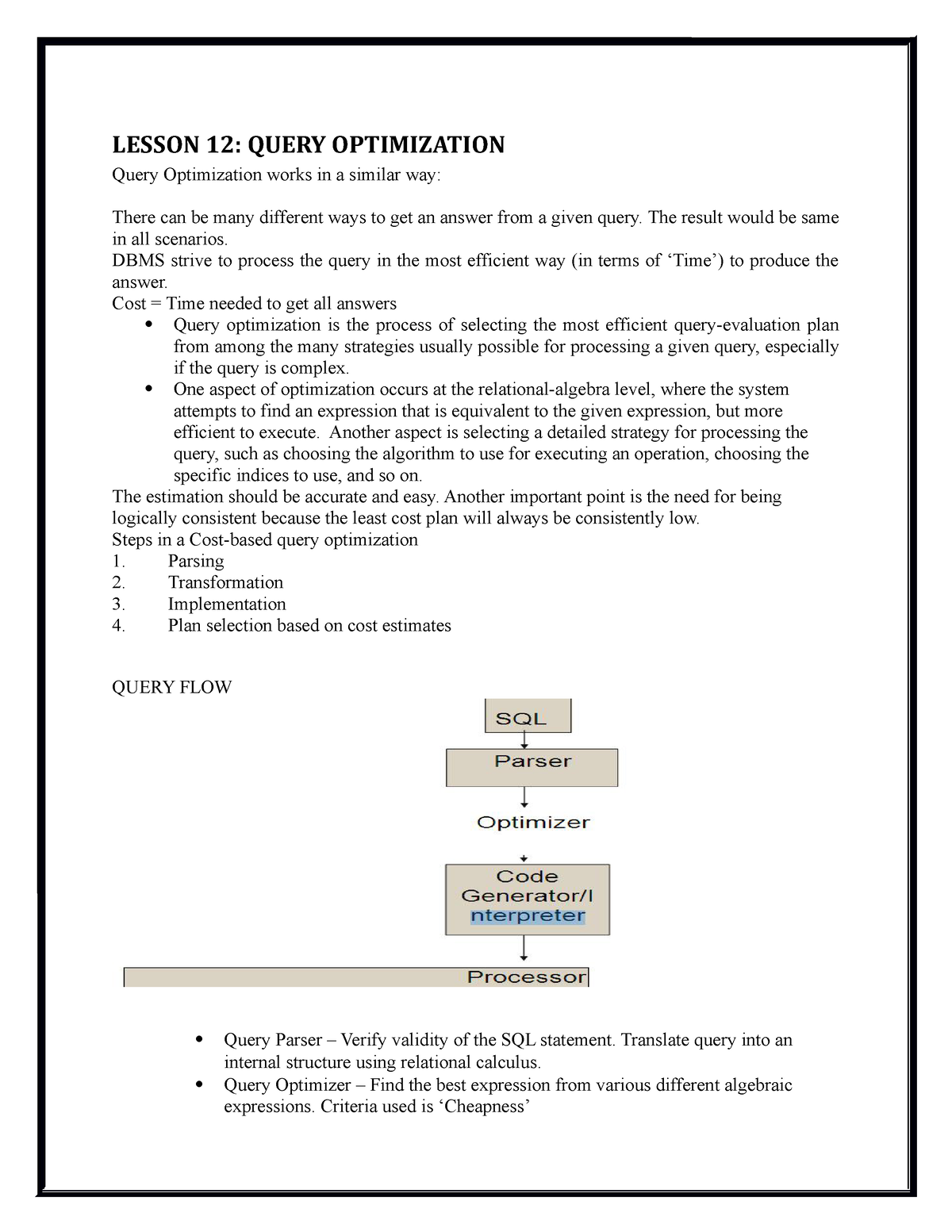 Lesson 10 Database Admin - LESSON 12: QUERY OPTIMIZATION Query ...