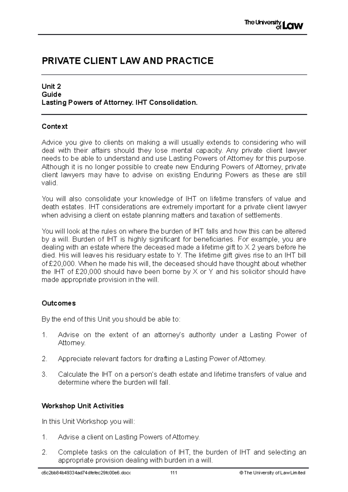 2122 priv ws02 ce01 guide t - PRIVATE CLIENT LAW AND PRACTICE Unit 2 ...