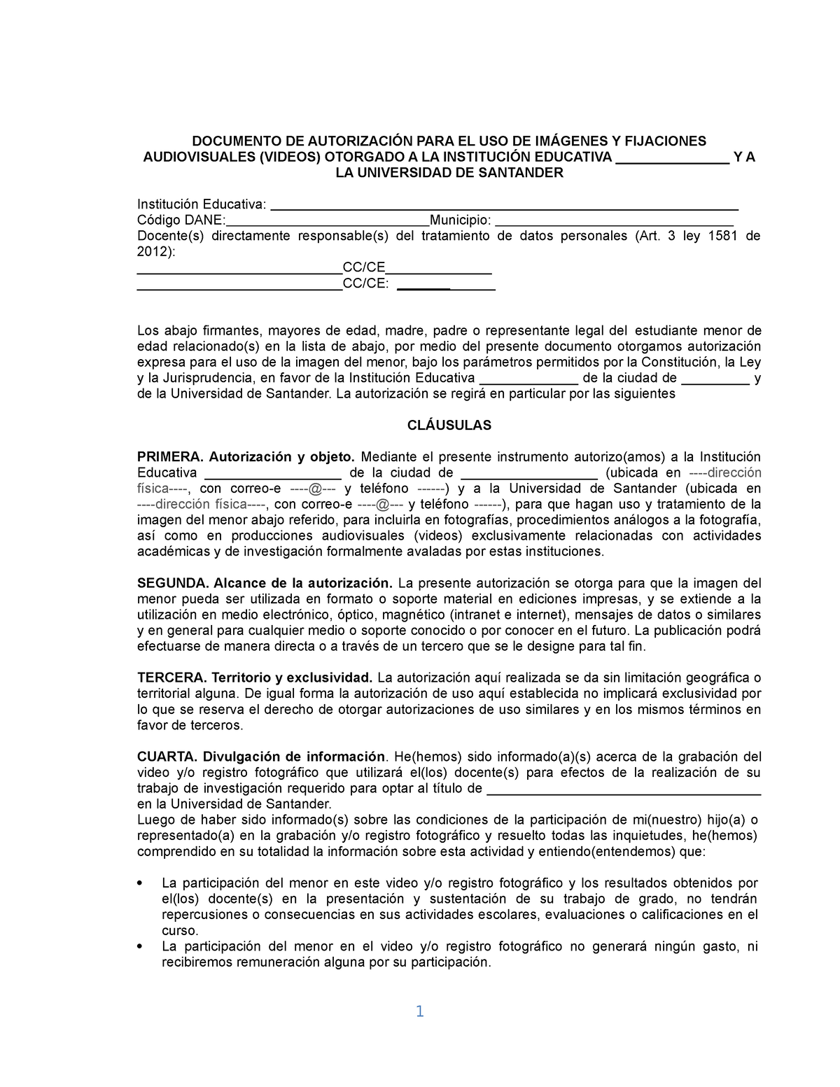 Formato Autorizacion Uso Imagen - DOCUMENTO DE AUTORIZACIÓN PARA EL USO ...