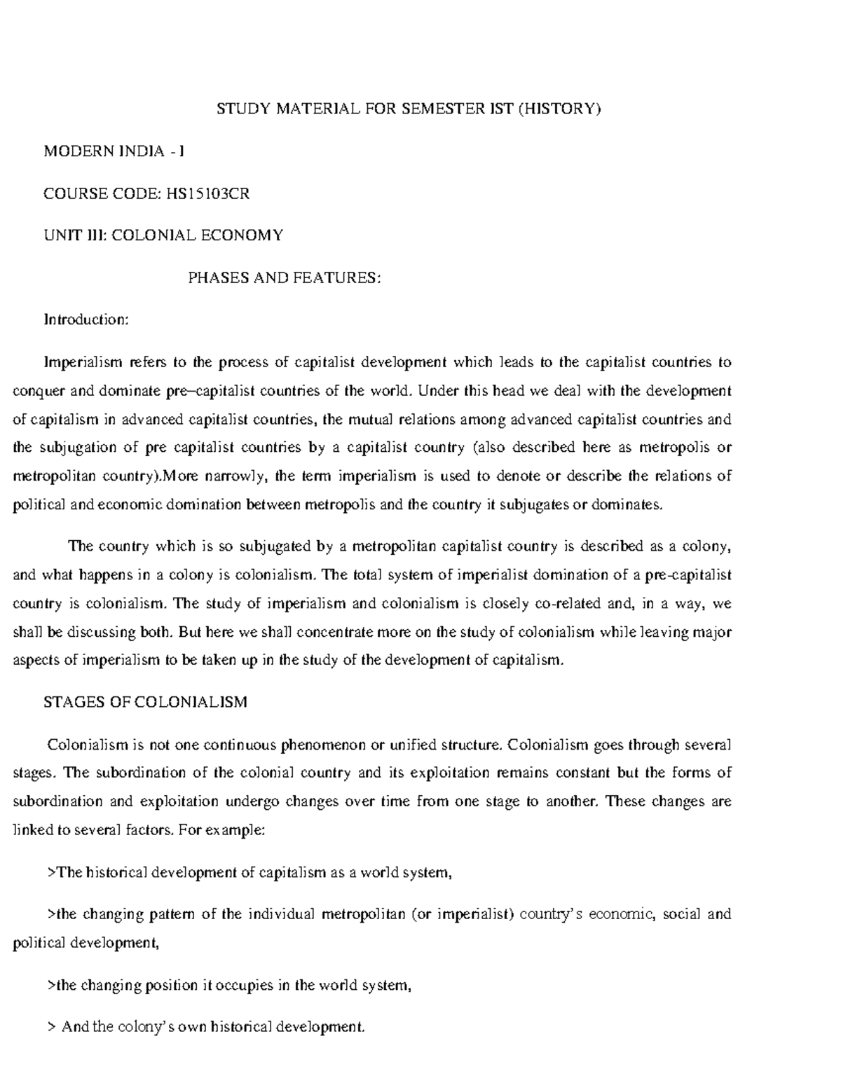 Modern India 1 all about - STUDY MATERIAL FOR SEMESTER IST (HISTORY ...