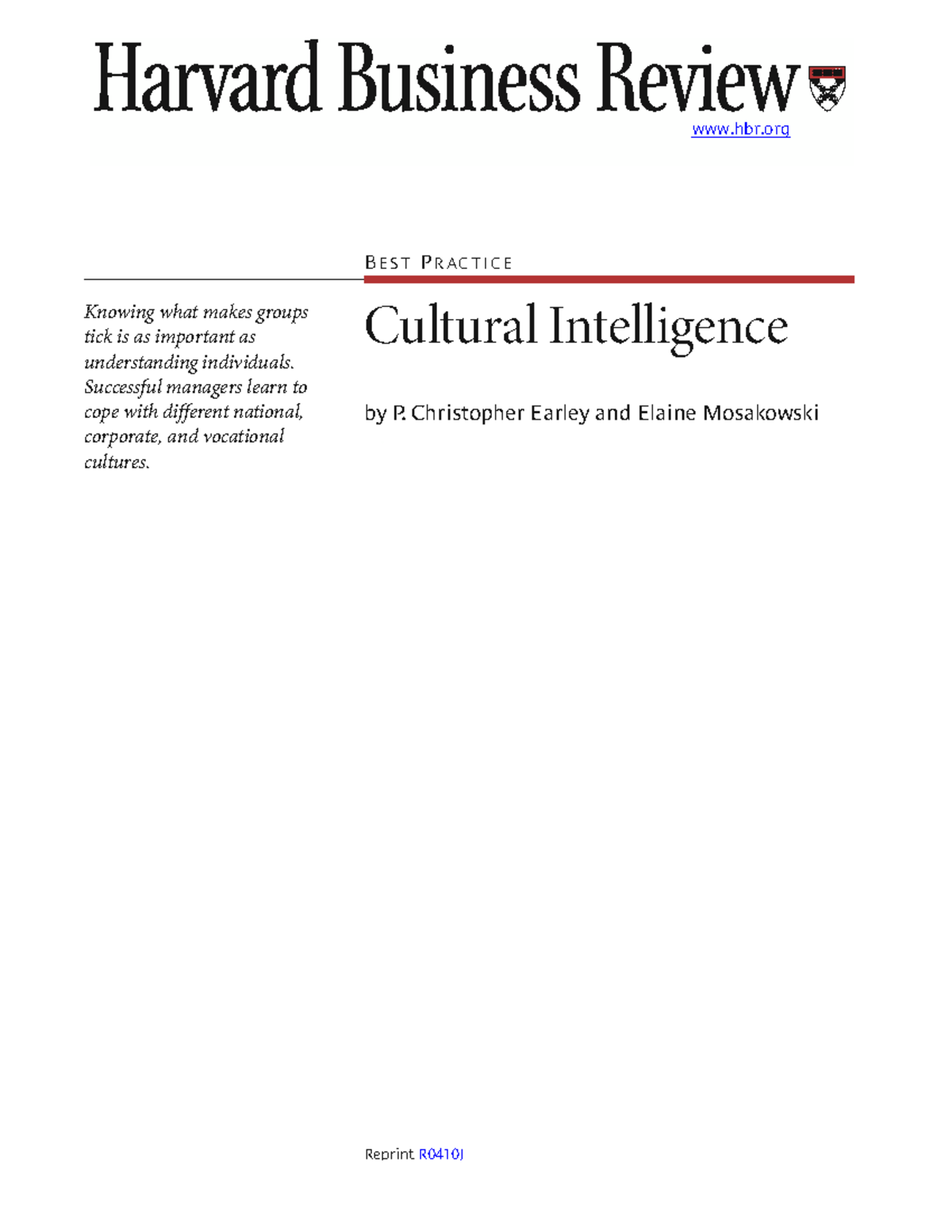 Article - Cultural Intelligence - hbr BE S T PR A C T I C E Cultural ...