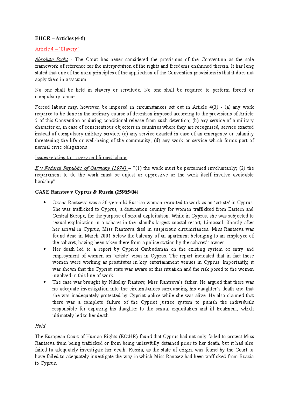 ECHR – Articles (4-6) - Lecture notes 14 - EHCR – Articles (4-6 ...