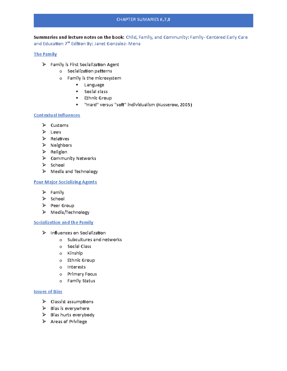 Summaries of Chapters 6 7 and 8 on Socialization Agents in Early Care ...