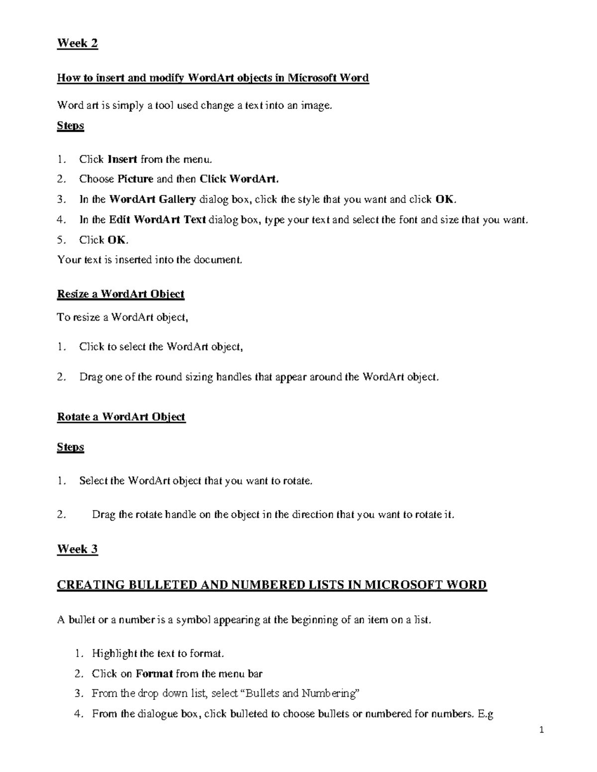 P 4 Computer Lesson Notes - Week 2 How to insert and modify WordArt ...