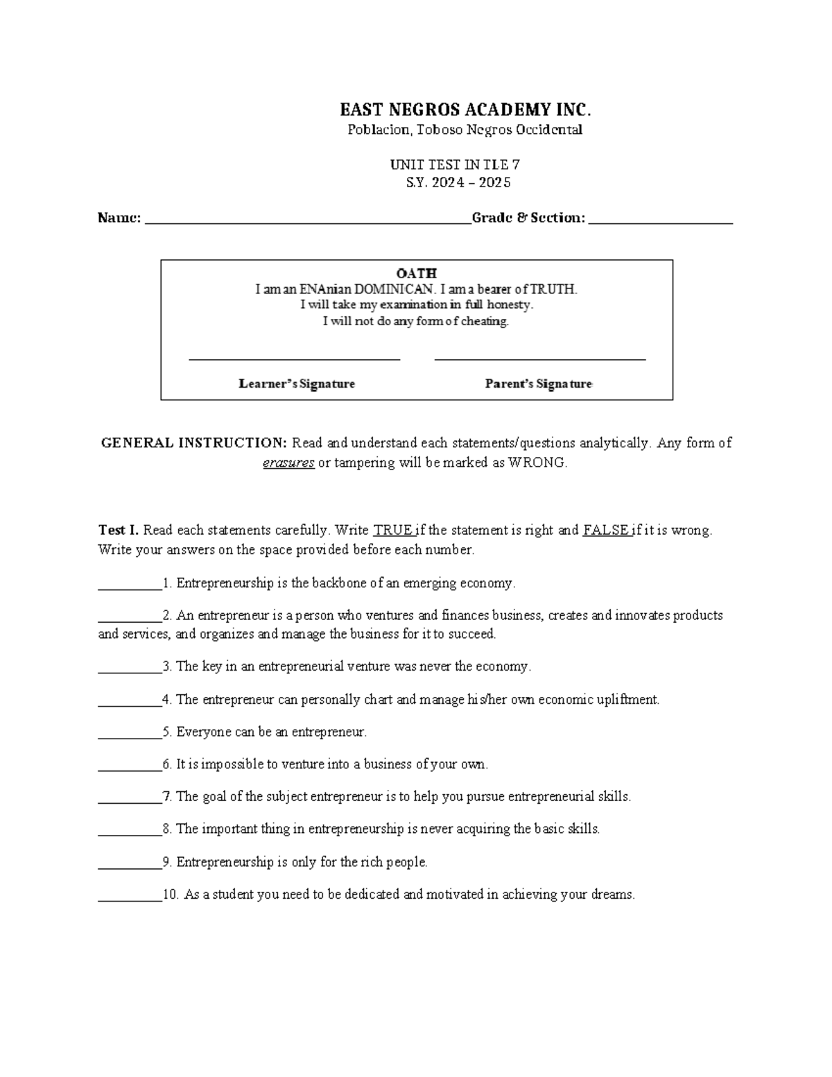 1ST unit test in tle 7 - Unit test Only - EAST NEGROS ACADEMY INC ...