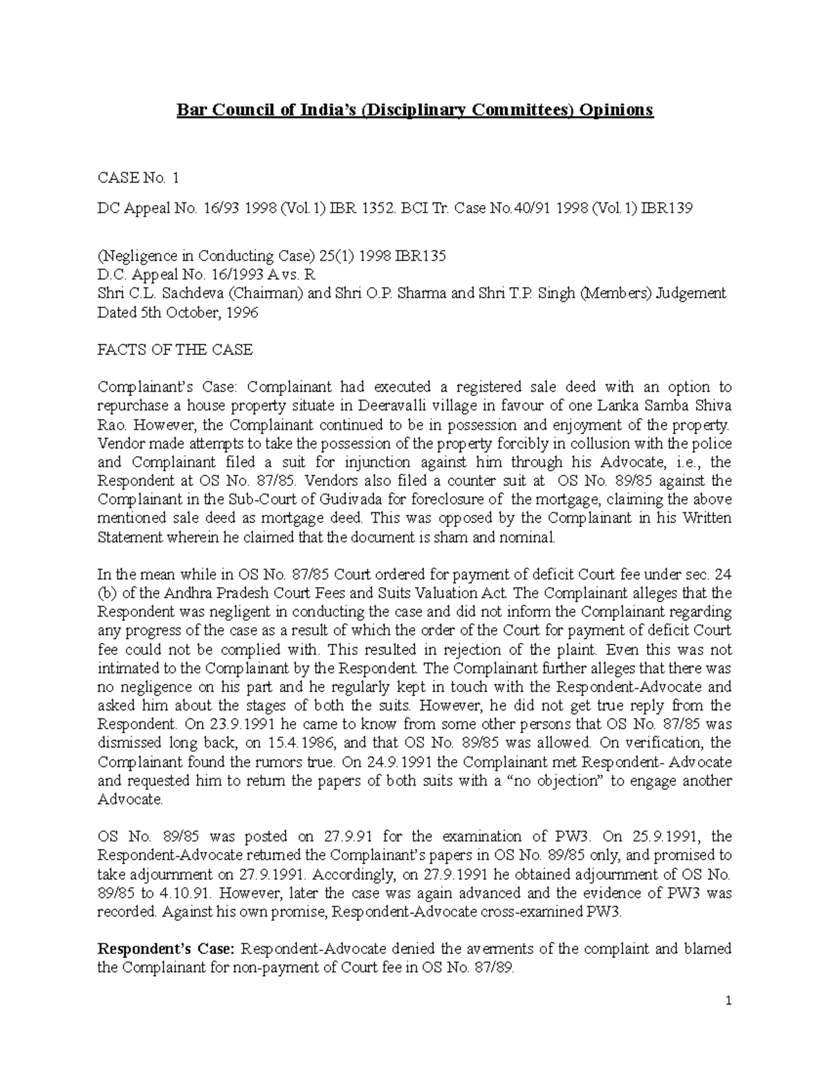 DCC1 Bar Council of India’s (Disciplinary Committees) Opinions Bar