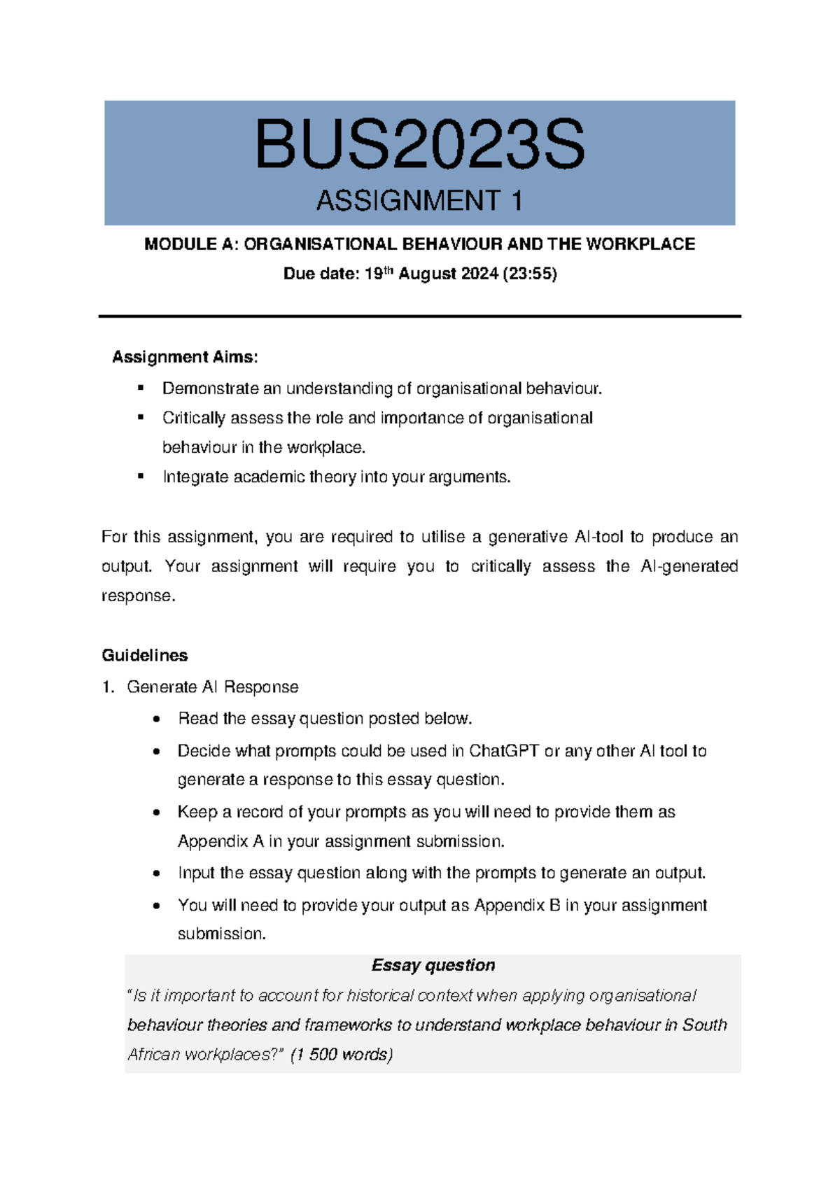 BUS2023S Assignment 1 Module A 2024 - MODULE A: ORGANISATIONAL ...