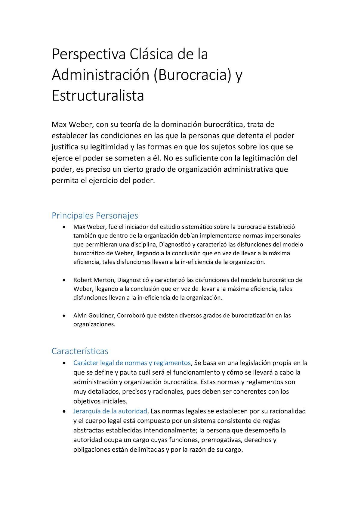 Perspectiva Clasica DE LA Administracion - Perspectiva Clásica de la  Administración (Burocracia) y - Studocu