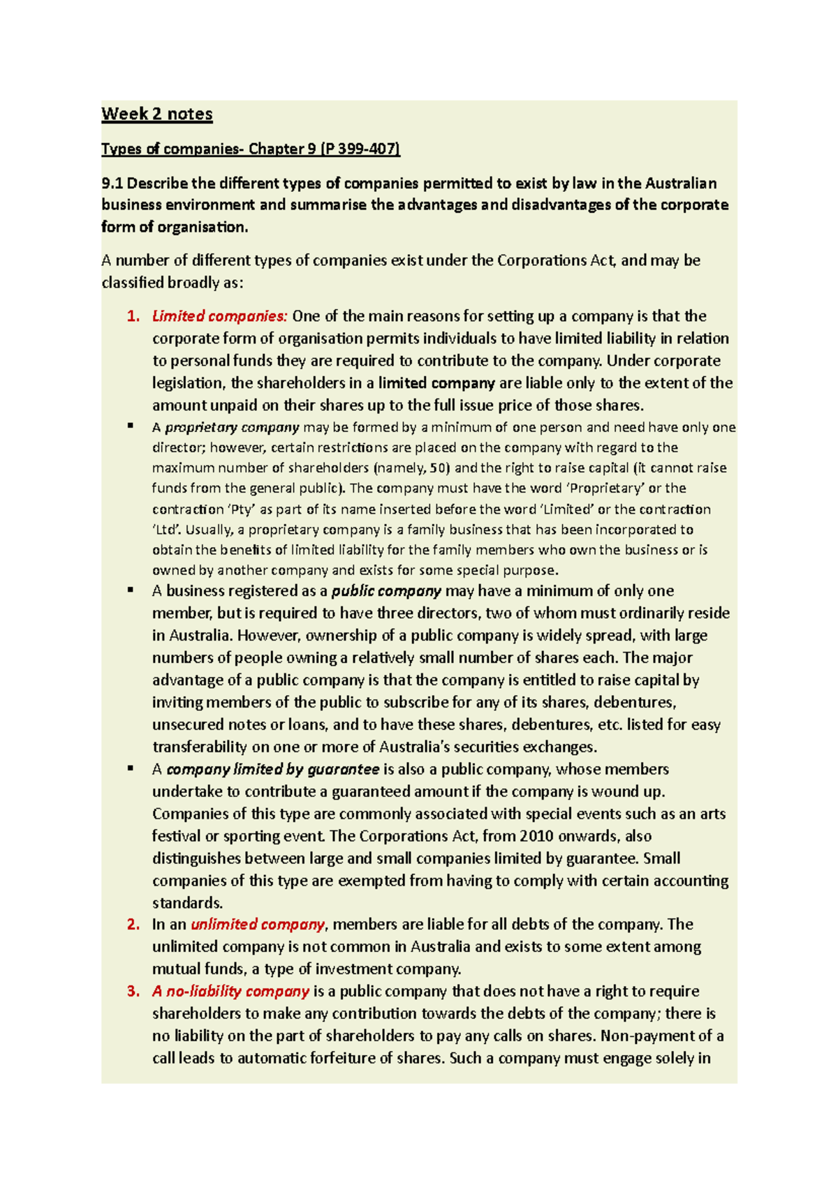 Week 2 notes - Exercises - Week 2 notes Types of companies- Chapter 9 ...