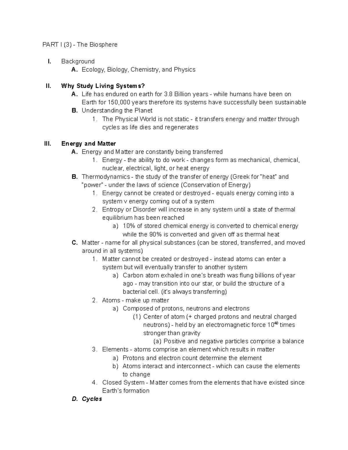 PART 1 - 3 The Biosphere - Lecture notes Continuation of Week One ...