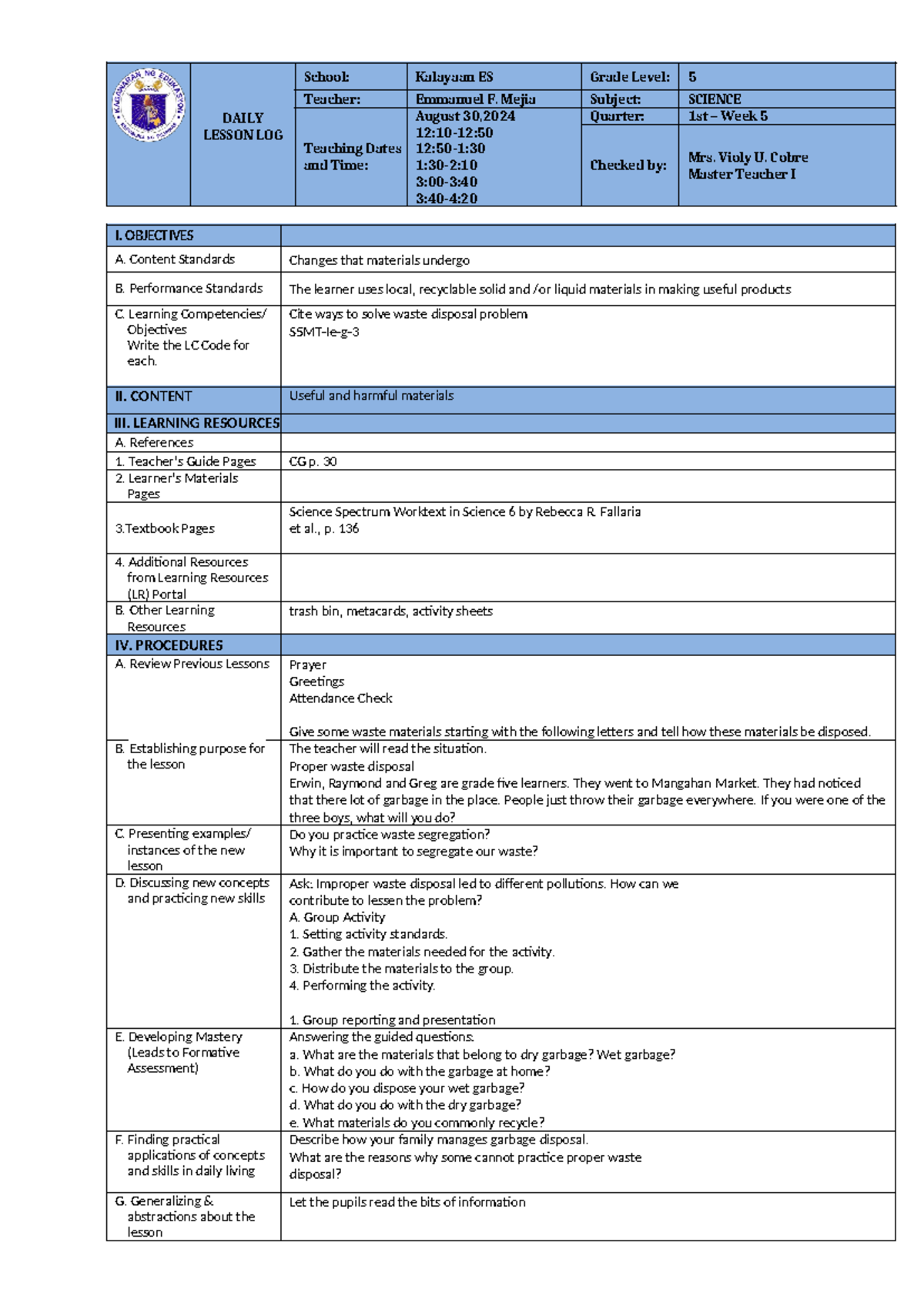 Week5friday - Daily lesson plan - DAILY LESSON LOG School: Kalayaan ES ...