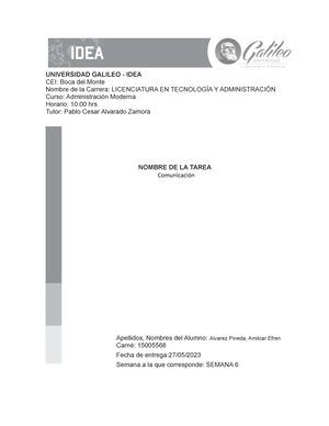 Tarea 1 - Semana 2 - AREA ADMINSITRATIVA - UNIVERSIDAD GALILEO IDEA ...