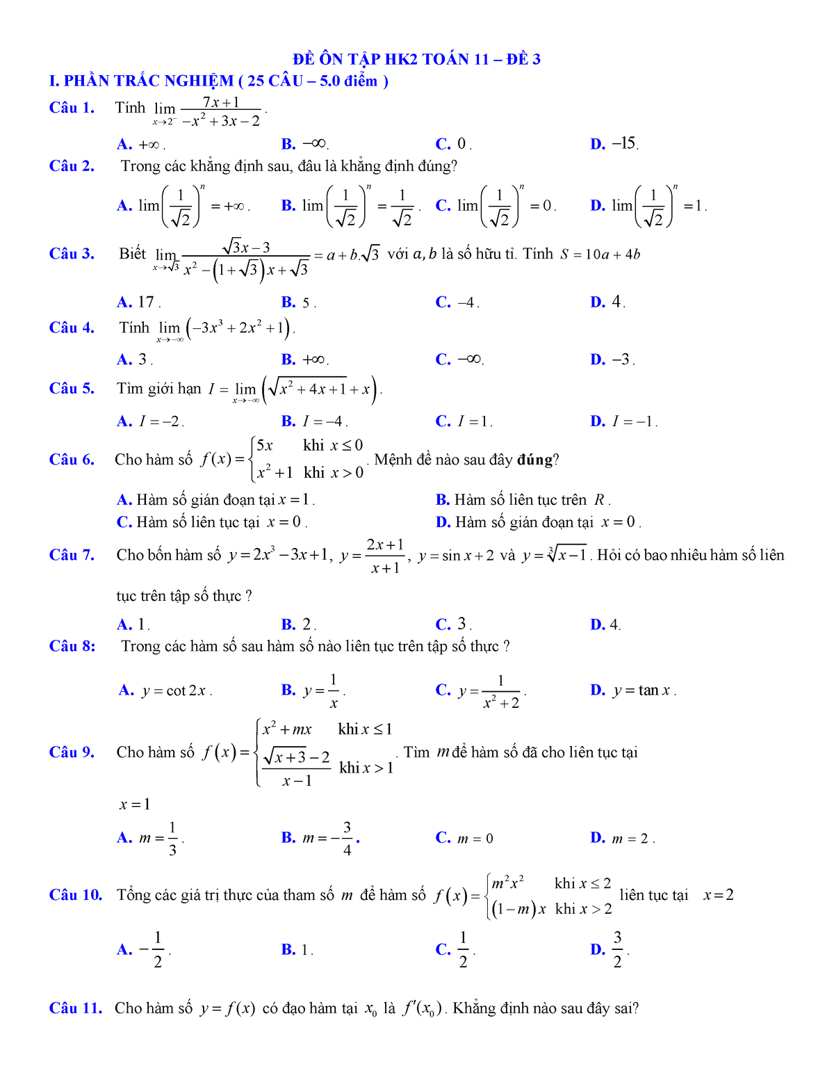 %C4%90%E1%BB%80 %C3%94N 3-TO%C3%81N 11 - ĐỀ ÔN TẬP HK2 TOÁN 11 – ĐỀ 3 I ...
