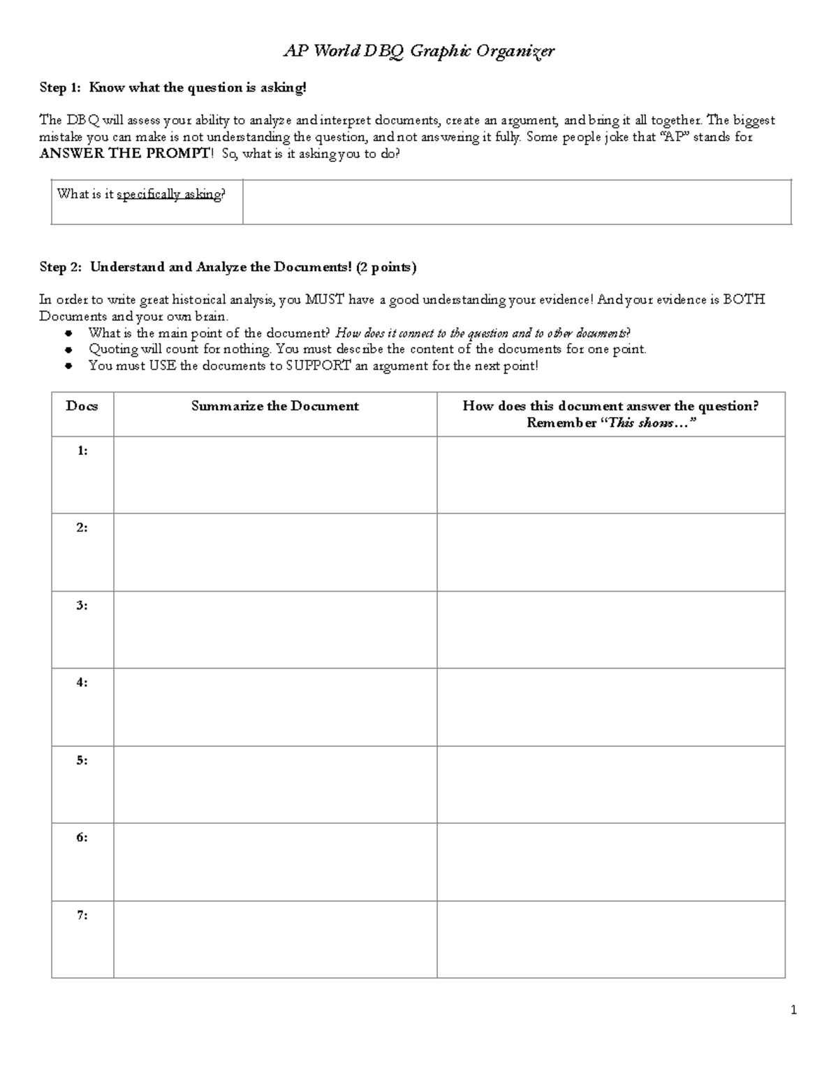 Topic 4 - DBQ graphic organizer - AP World DBQ Graphic Organizer Step 1 ...