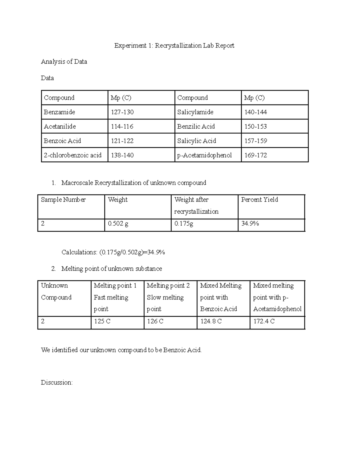 Experiment 1A Lab Report - Experiment 1: Recrystallization Lab Report ...