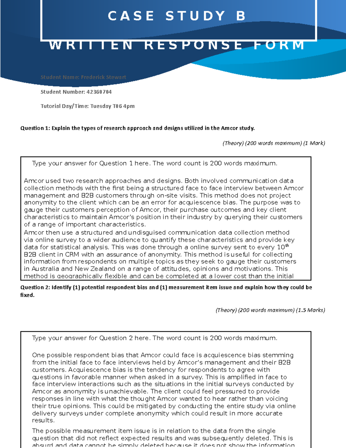 Case Study B Written Response - C A S E S T U D Y B W R I T T E N R E S ...