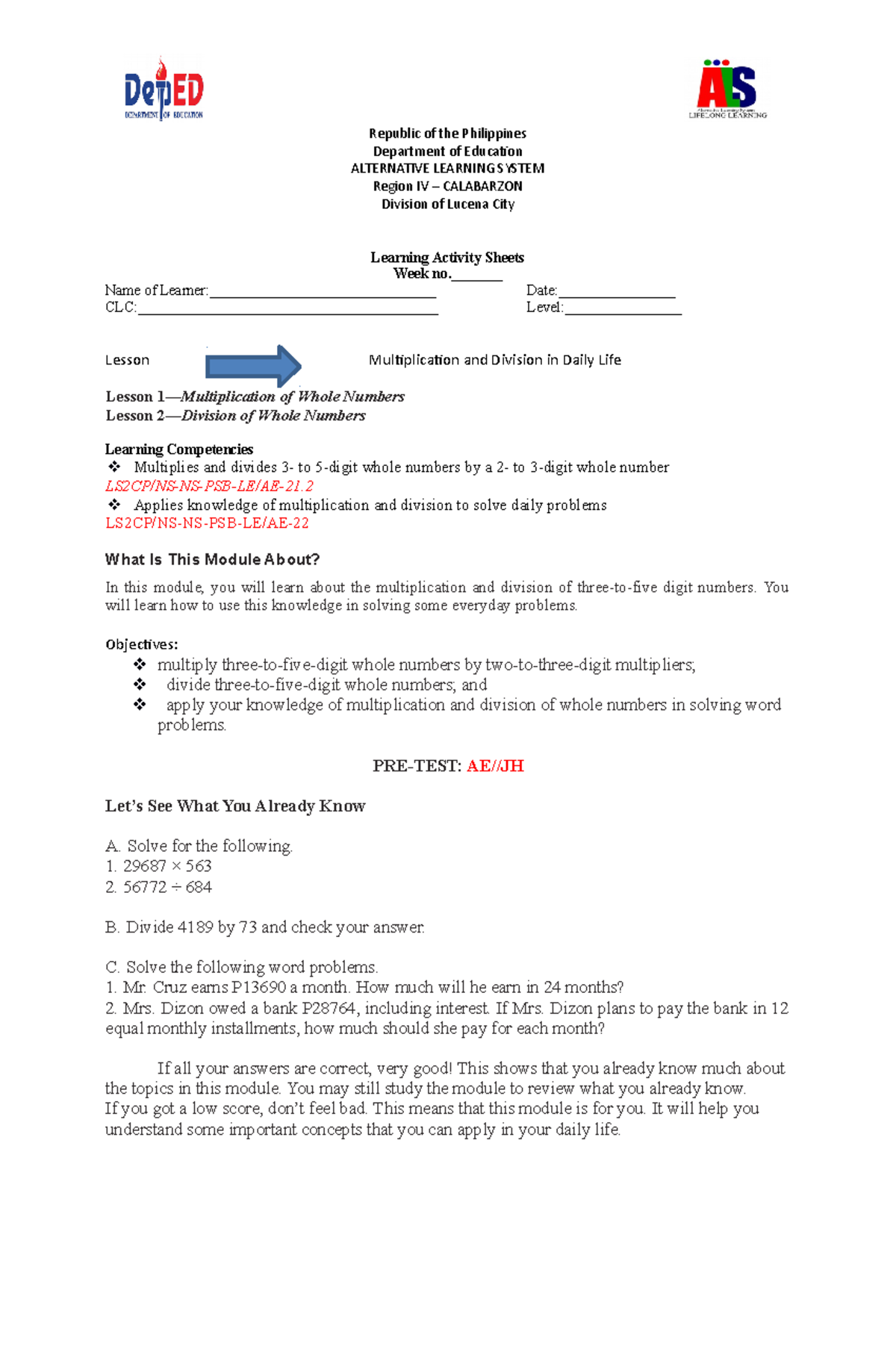 Als activity sheets LS3 Multiplication and Division For Daily Life new ...