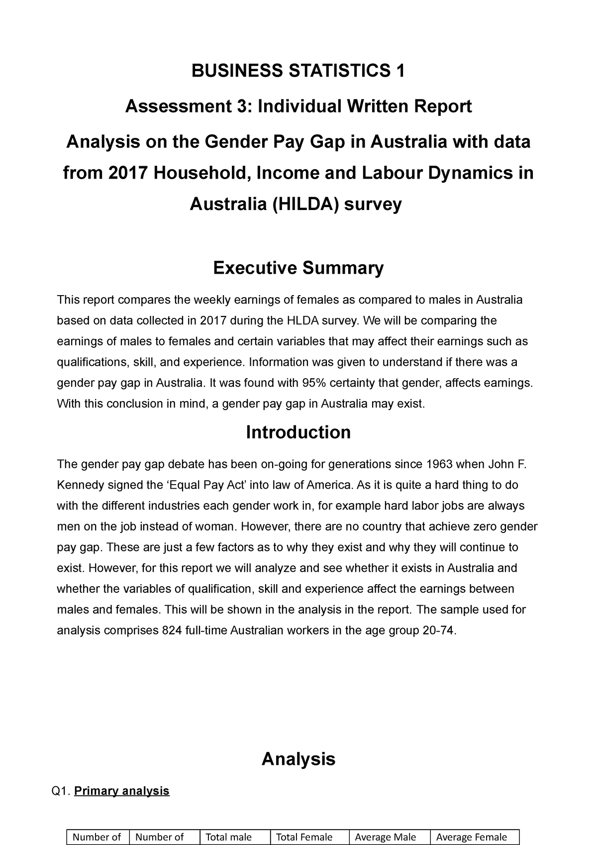 business statistics assignment