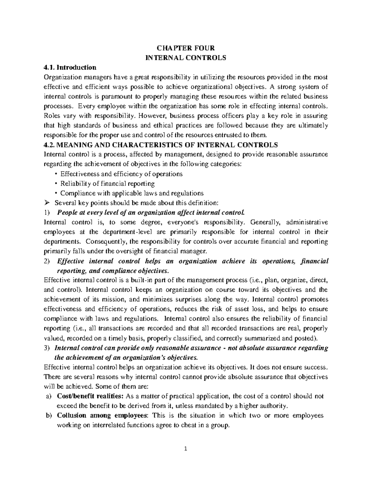 Edited Chapter FOUR-Auditing I-1 - CHAPTER FOUR INTERNAL CONTROLS ...