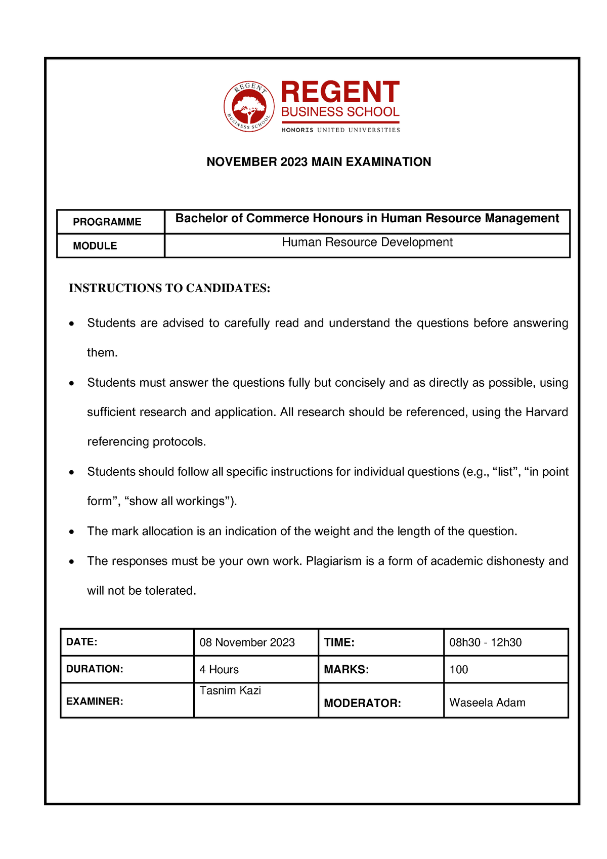 Bchhr HR101-Human Resource Development 08 Nov 23 - NOVEMBER 2023 MAIN ...