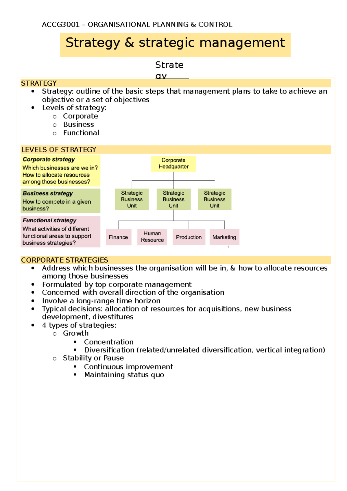 ACCG3001 - Lecture 3 - Strategy & strategic management Strate gy ...