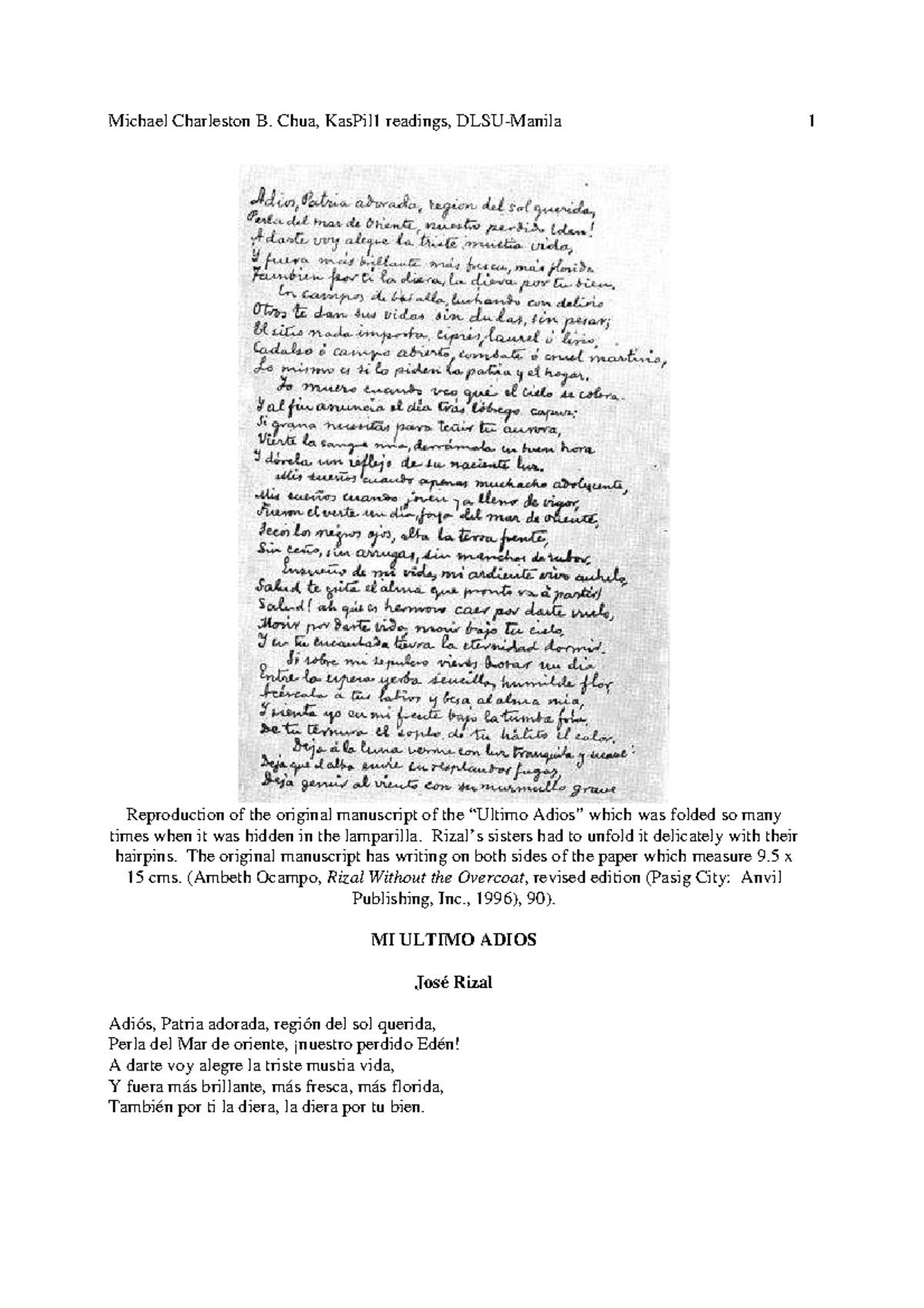 Rizal Poems MI Ultimo Adios - Reproduction of the original manuscript ...