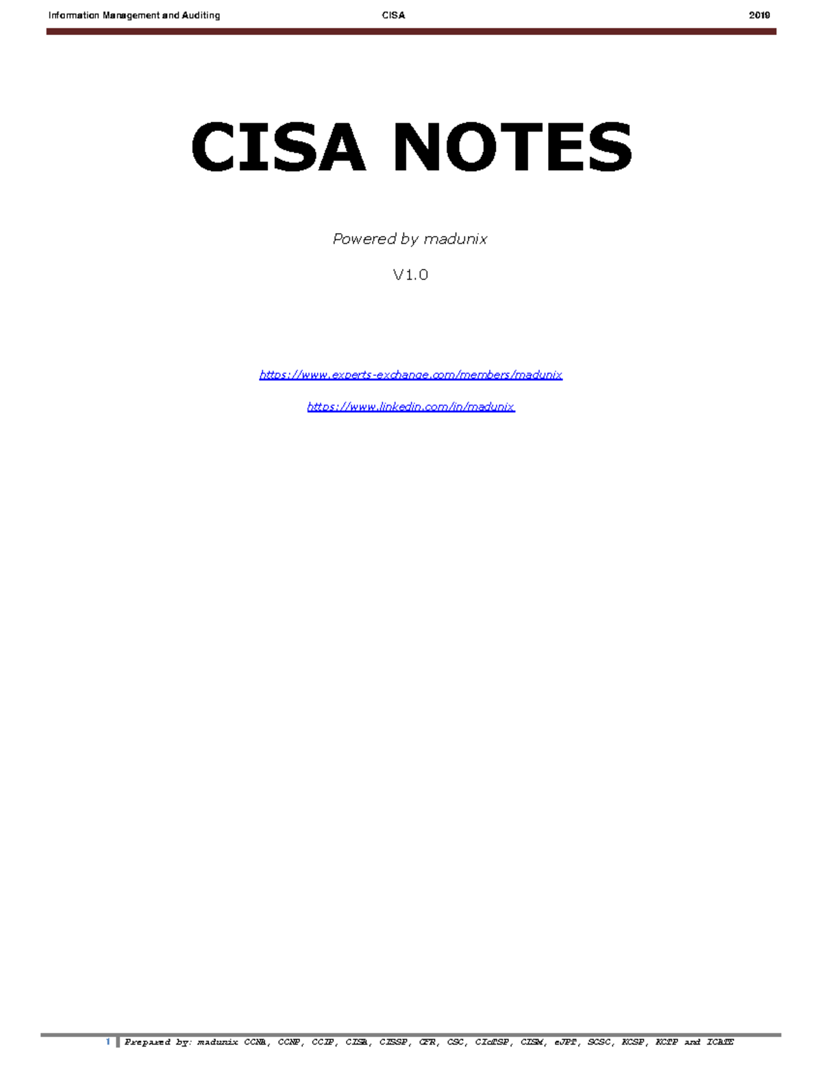 CISA notes - CISA NOTES Powered by madunix V1. experts-exchange/members ...