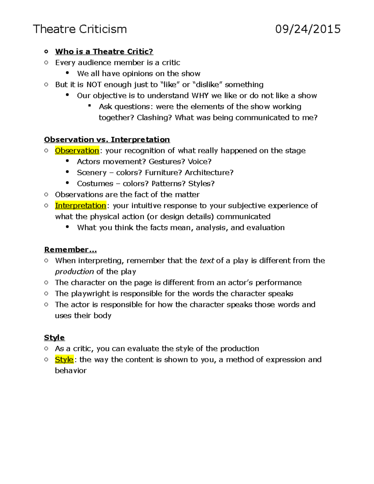 Lecture Notes, Lecture Theatre Criticism - Theatre Criticism 09/24/ O ...